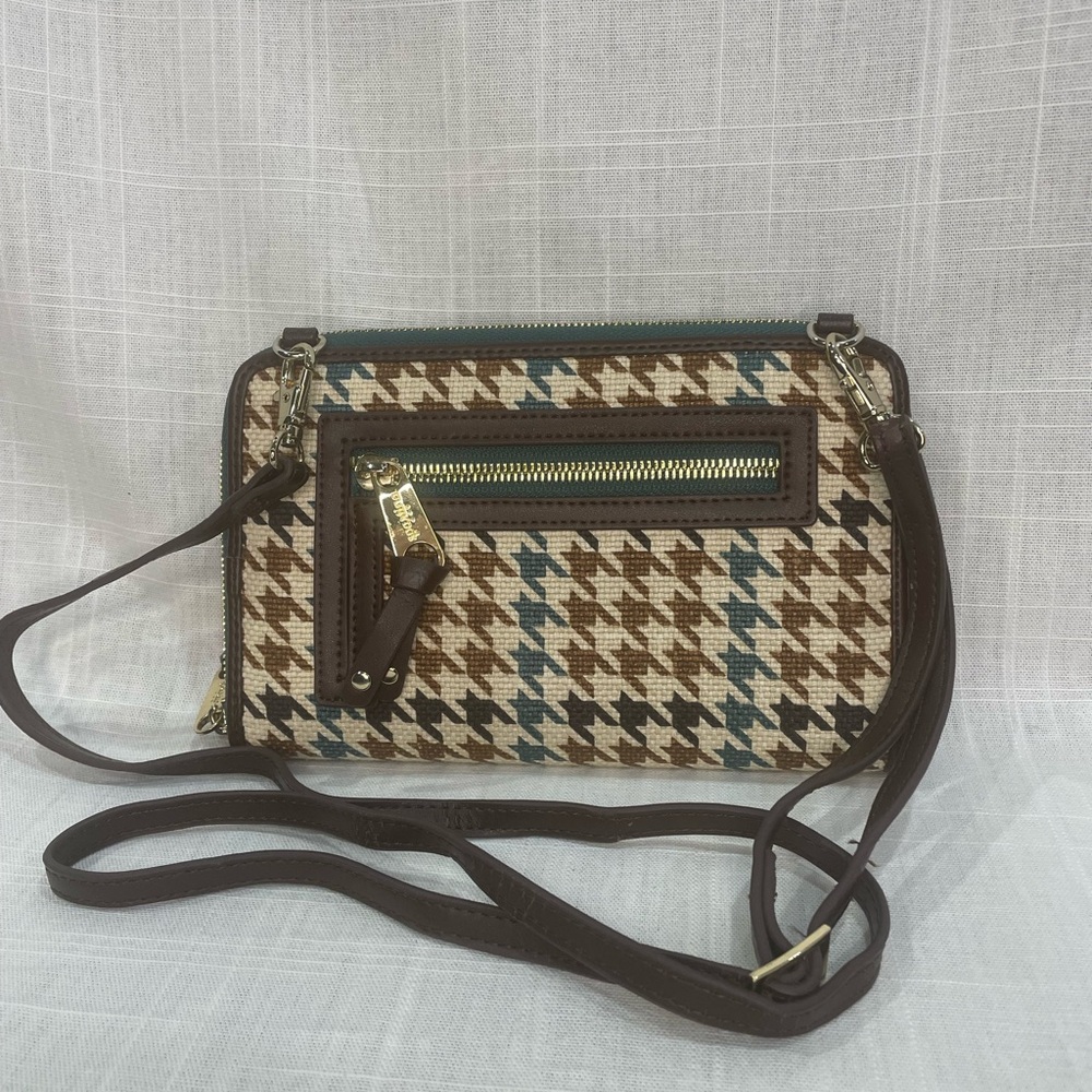 Spartina mini handbag crossbody leather linen wallet green brown houndstooth - Picture 9 of 14